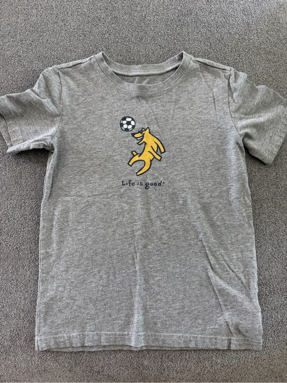 Life Is Good Grey Tee with Yellow Soccer Dog